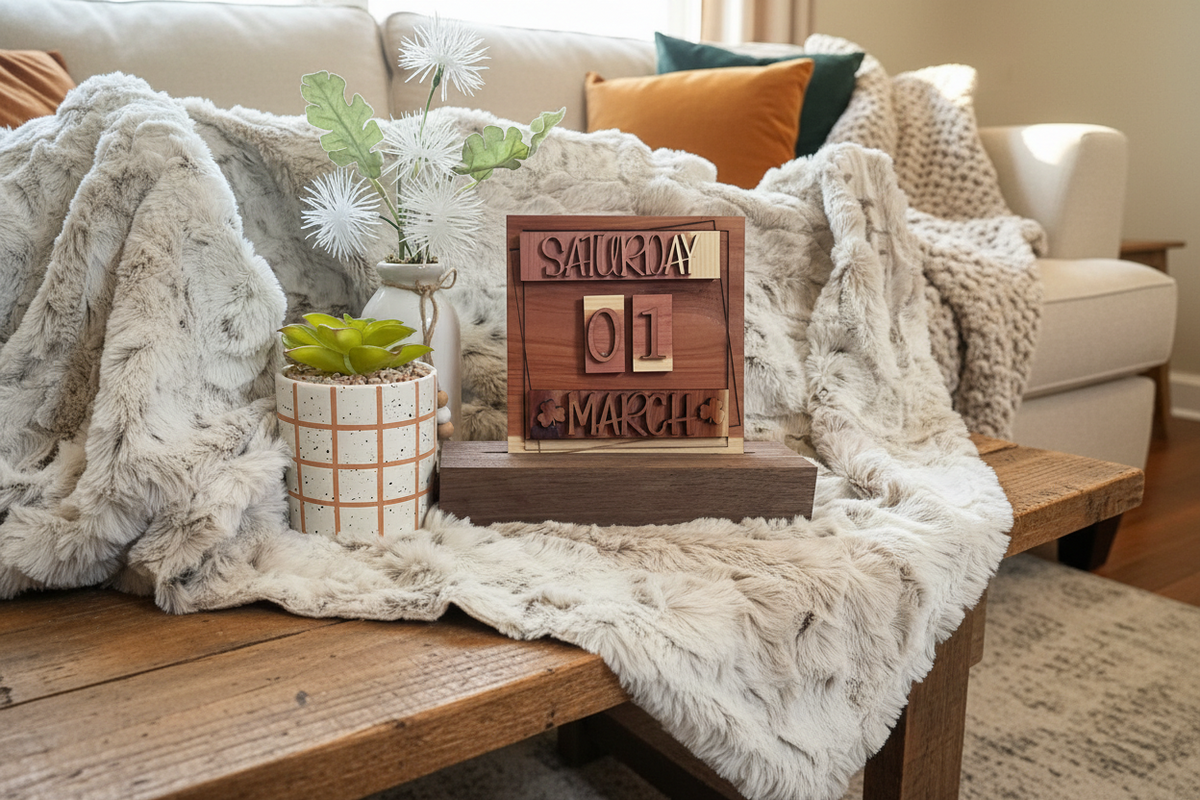 A wooden calendar block displaying Saturday, 01 March, styled on a dark wood base with a small potted succulent and a white vase in the background on a faux fur surface.