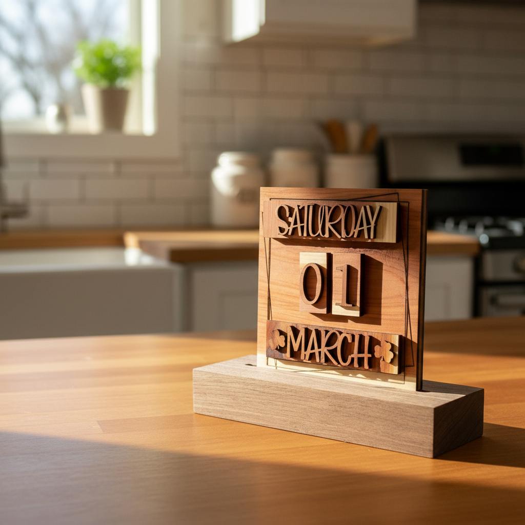 A wooden calendar block displaying Saturday, 01 March, styled on a dark wood base with a small potted succulent and a white vase in the background on a faux fur surface.