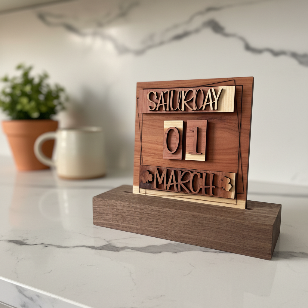 A wooden calendar block displaying Saturday, 01 March, styled on a dark wood base with a small potted succulent and a white vase in the background on a faux fur surface.
