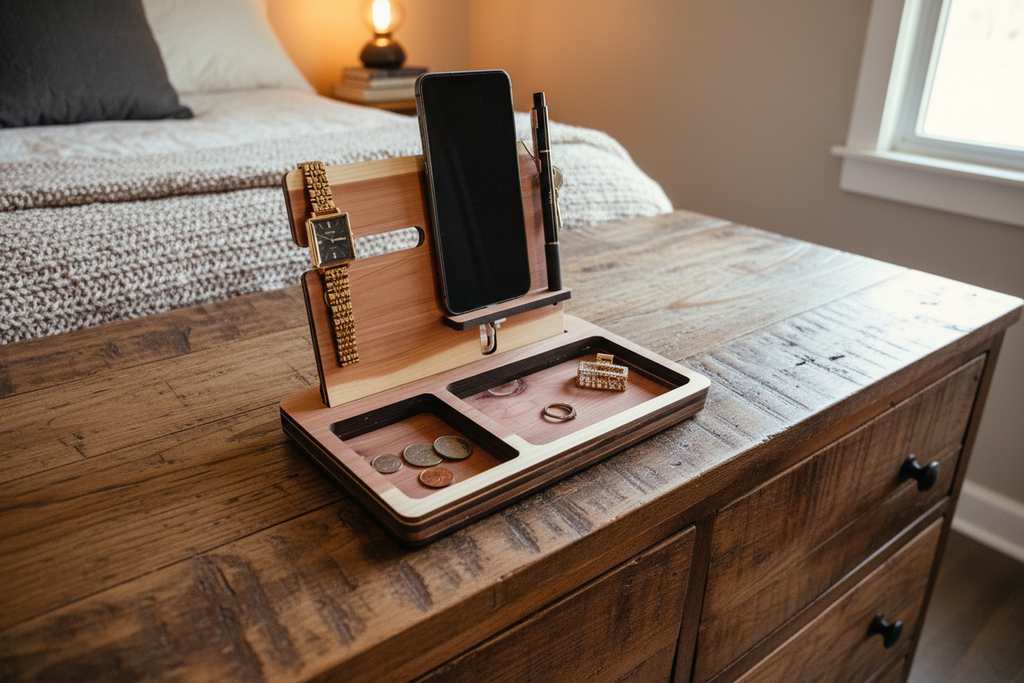 A wooden multi-functional desk organizer tray holding a smartphone, pen, watch, coins, ring, and small accessory, styled on a white faux fur surface.