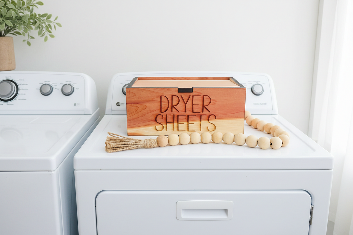 A wooden storage box labeled 'DRYER SHEETS' in raised lettering, shown on a white faux-fur surface with a string of wooden beads in front. The box has a warm gradient wood finish and a hinged lid.
