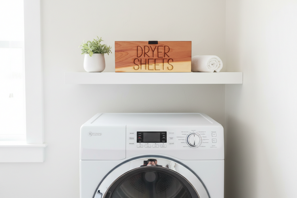 A wooden storage box labeled 'DRYER SHEETS' in raised lettering, shown on a white faux-fur surface with a string of wooden beads in front. The box has a warm gradient wood finish and a hinged lid.