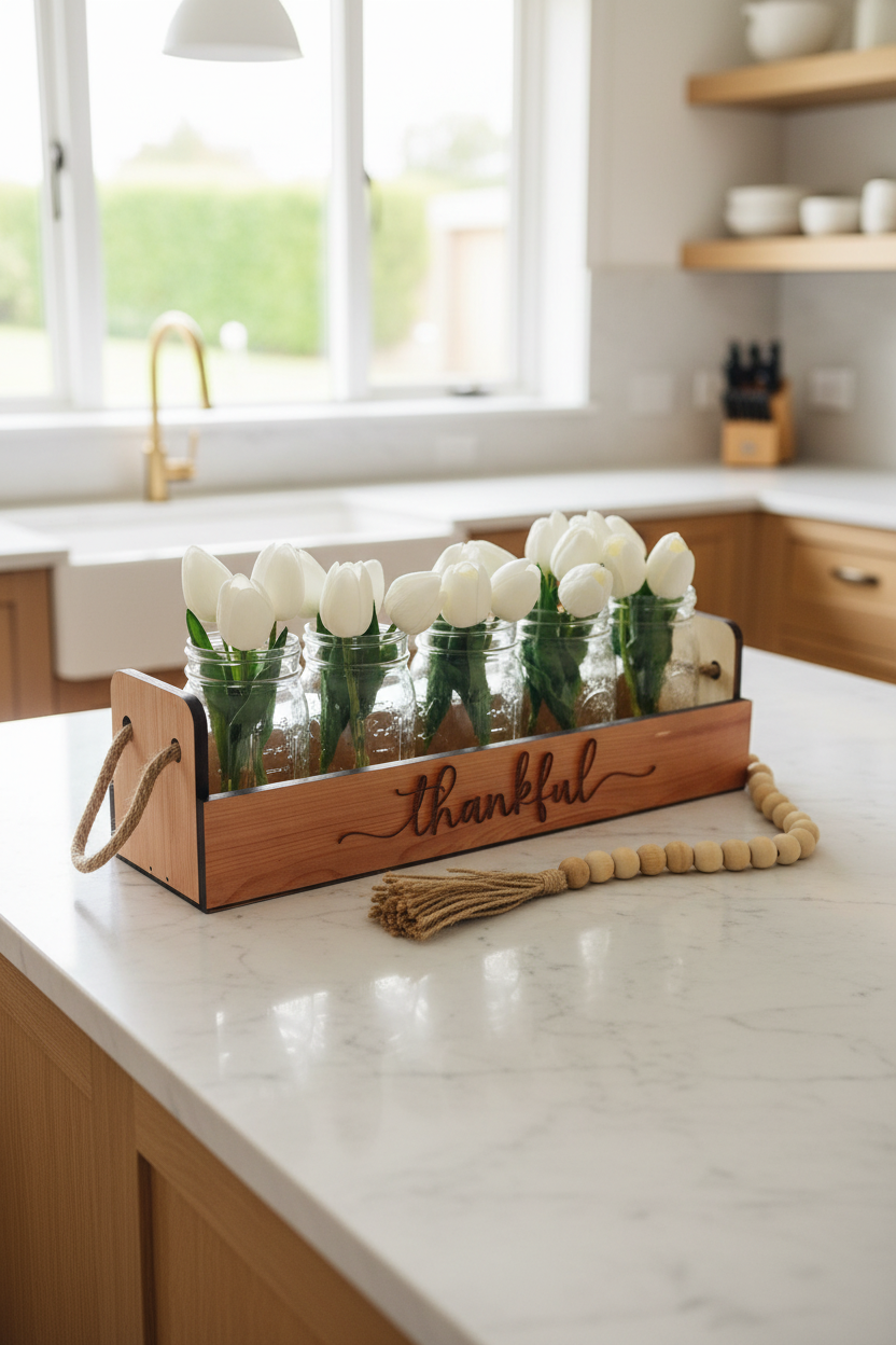 A wooden decorative tray engraved with the word 'thankful' holds several small clear glass jars filled with white tulips. The tray sits on a white faux-fur surface with a natural wood bead garland draped across the front.