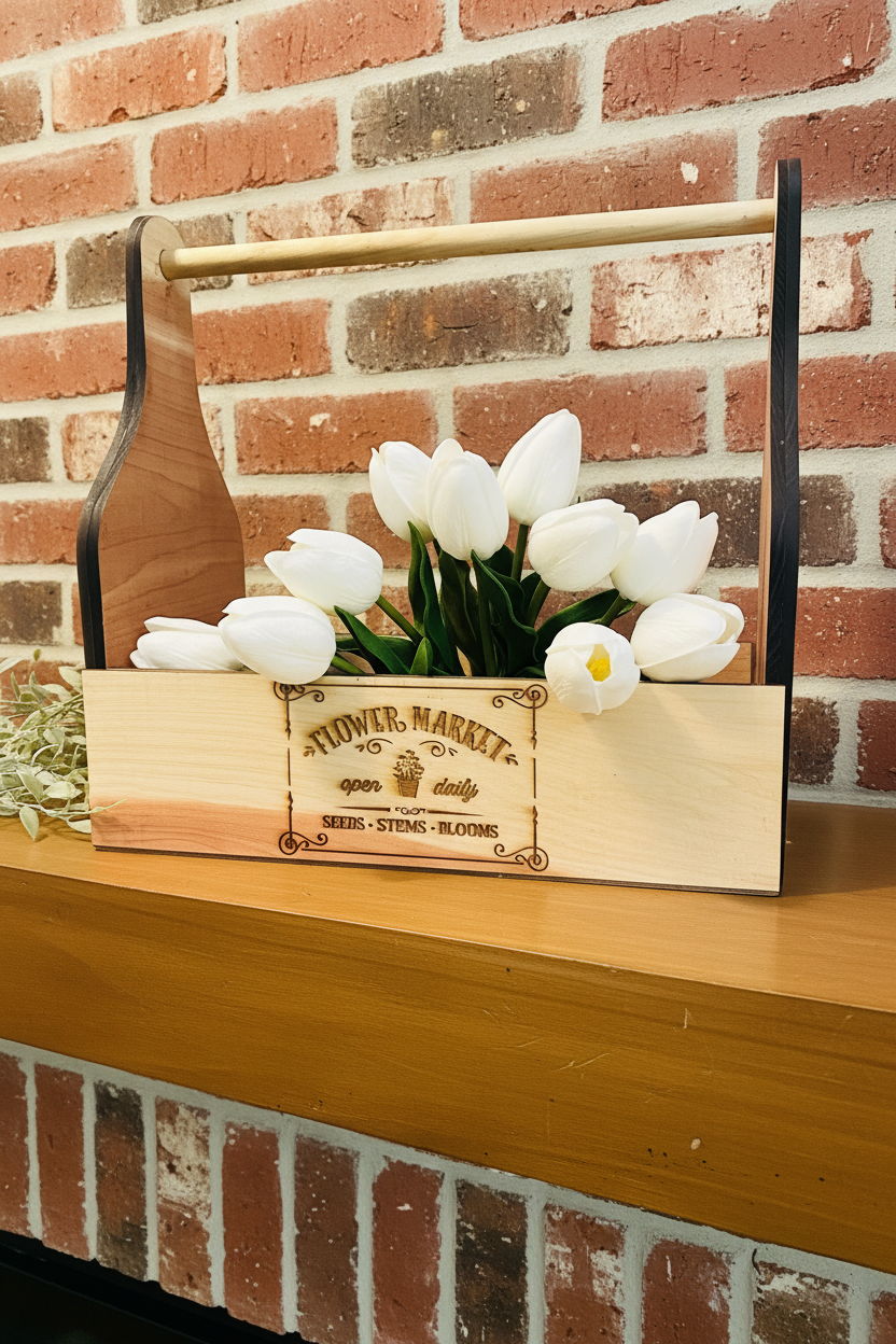 A wooden flower market caddy basket with a natural wood handle and sides, black inner trim, and a front label engraved with 'Flower Market Seeds - Stems - Blooms'. White tulips are arranged inside the basket, which sits on a white faux fur surface with a blue and beige beaded tassel garland in the foreground.