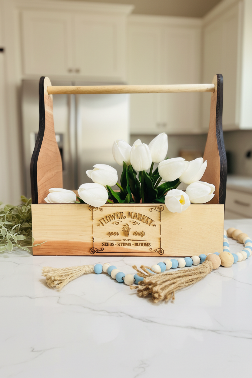 A wooden flower market caddy basket with a natural wood handle and sides, black inner trim, and a front label engraved with 'Flower Market Seeds - Stems - Blooms'. White tulips are arranged inside the basket, which sits on a white faux fur surface with a blue and beige beaded tassel garland in the foreground.