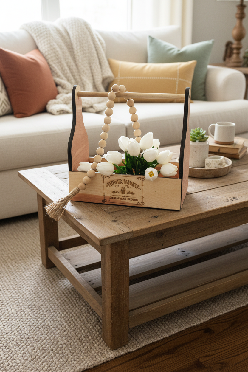 A wooden flower carrier basket with black-painted side panels and a natural wood handle, filled with white tulips and draped with a wooden bead garland. The front of the basket is engraved with 'FLOWER MARKET' and 'SEEDS - STING - ROOTS'.
