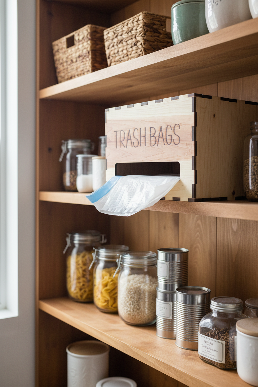 A wooden box labeled 'TRASH BAGS' with a white plastic trash bag being dispensed from the front opening, set on a white faux-fur surface against a light gray background.