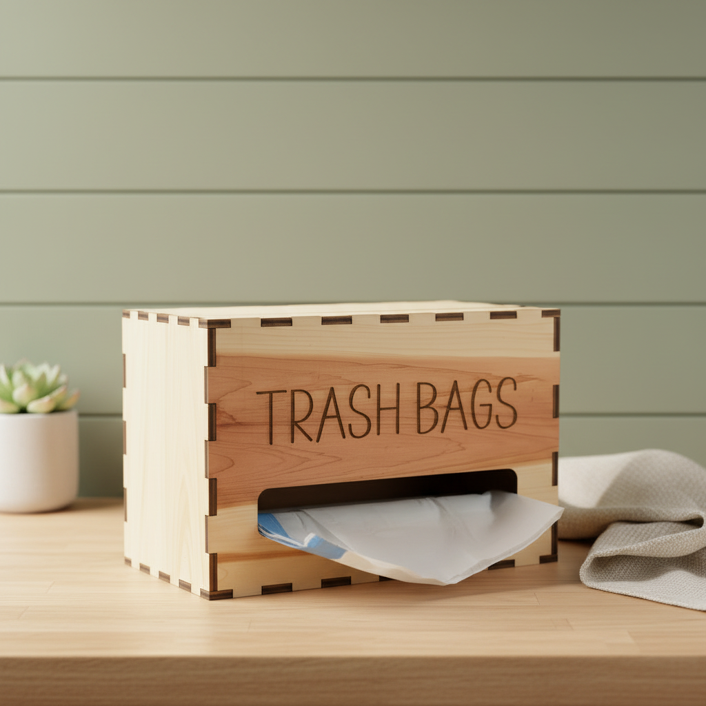 A wooden box labeled 'TRASH BAGS' with a white plastic trash bag being dispensed from the front opening, set on a white faux-fur surface against a light gray background.