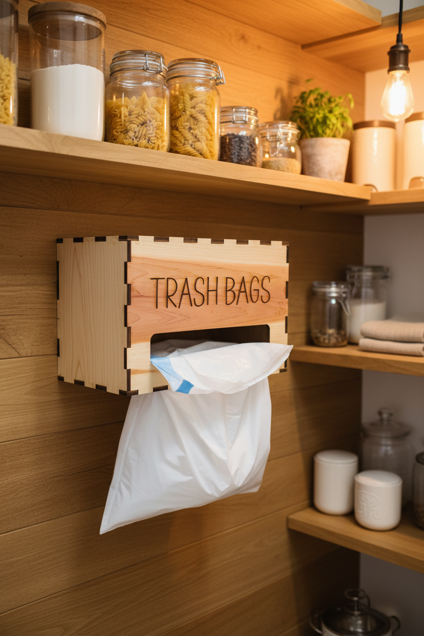 A wooden box labeled 'TRASH BAGS' with a white plastic trash bag being dispensed from the front opening, set on a white faux-fur surface against a light gray background.