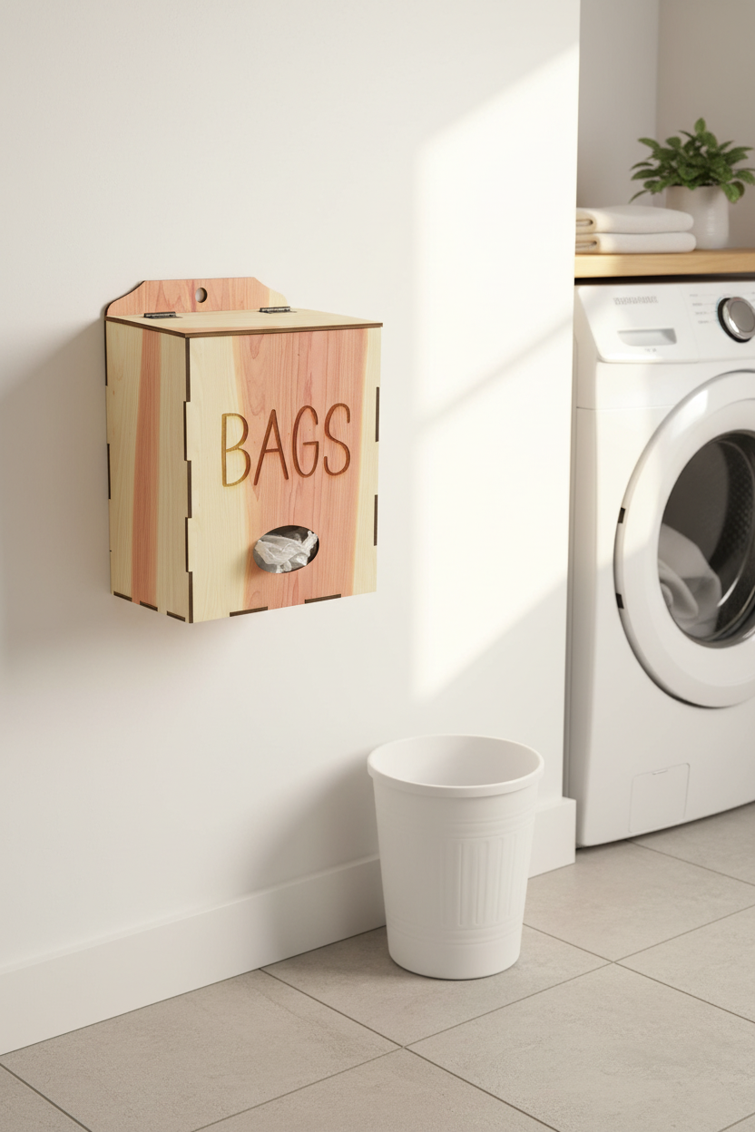 A wooden tissue bag dispenser box with a light natural wood top and sides, a pinkish wood grain center panel, and the word 'BAGS' cut out on the front. A white tissue is visible in the opening, and the box is styled on a white textured surface with green leaves at the side.