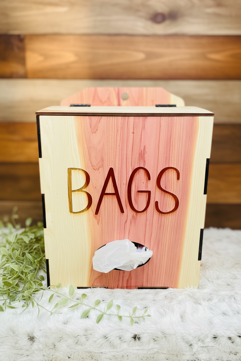 A wooden tissue bag dispenser box with a light natural wood top and sides, a cedar wood grain center panel, and the word 'BAGS' cut out on the front. A plastic grocery bag is visible in the opening, and the box is styled on a white textured surface with green leaves at the side.