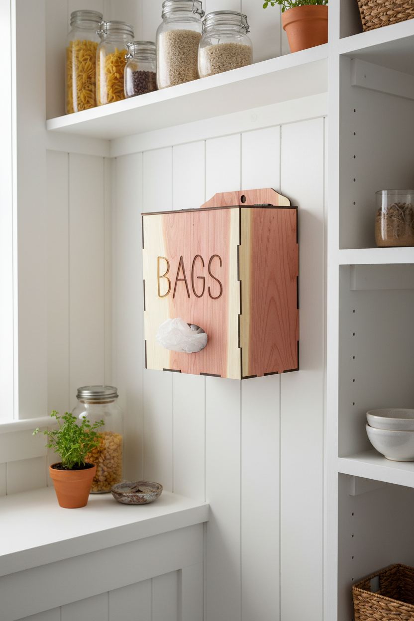 A wooden tissue bag dispenser box with a light natural wood top and sides, a pinkish wood grain center panel, and the word 'BAGS' cut out on the front. A white tissue is visible in the opening, and the box is styled on a white textured surface with green leaves at the side.