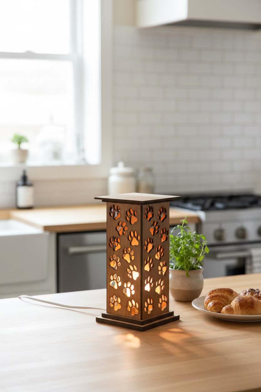 A decorative rectangular lantern with paw-print cutouts glowing with warm light, placed on a rustic wooden table or on a nightstand.