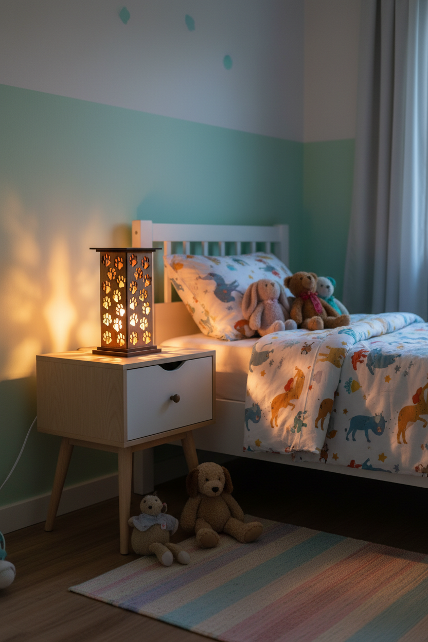 A wooden decorative table lamp with a warm glow emanating from within, featuring a cutout pattern of paw prints. The lamp is placed on a light wood countertop in a modern kitchen.