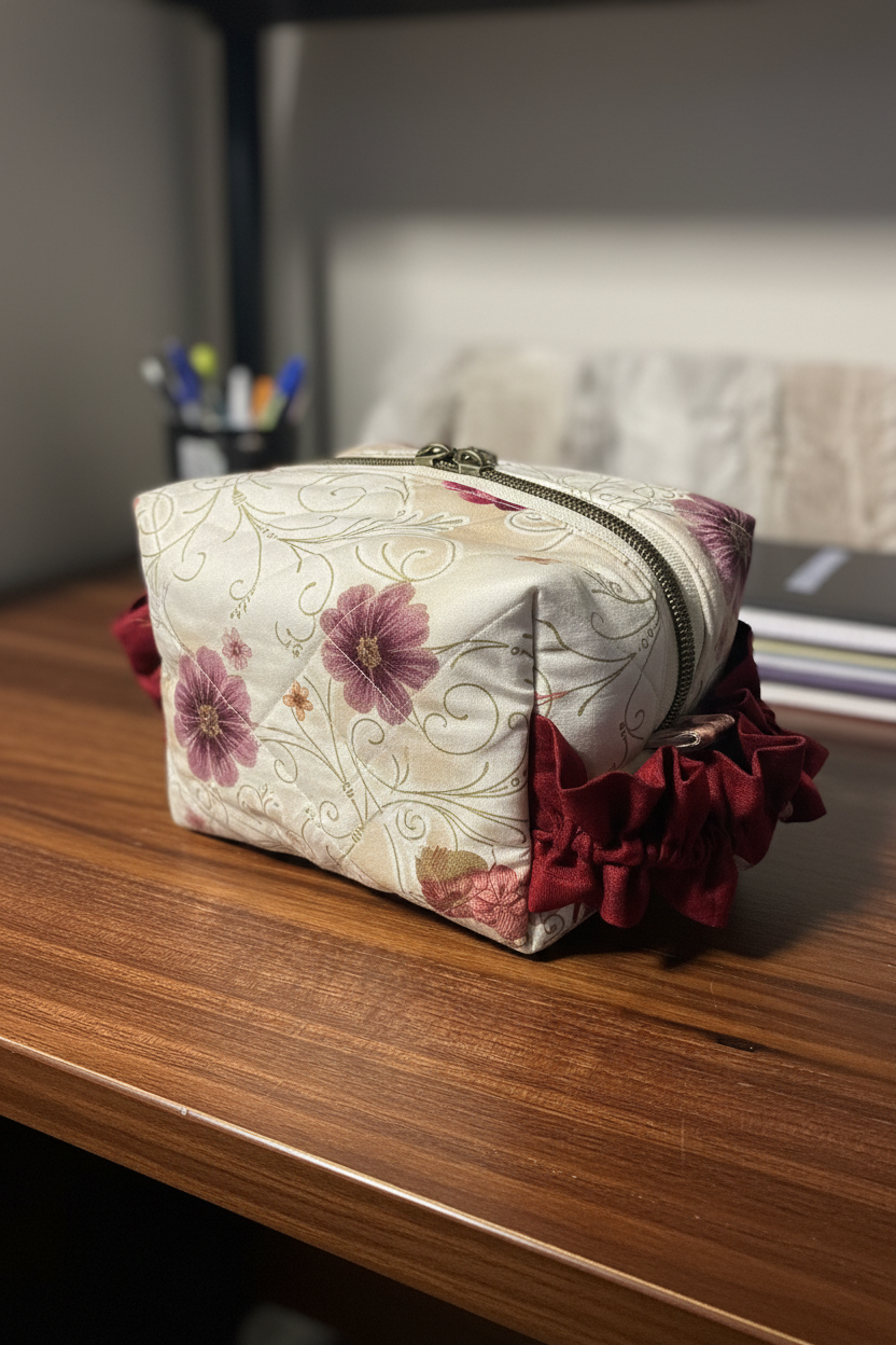 A small zippered cosmetic pouch with a cream-colored fabric body, embroidered floral and scroll patterns, purple flowers, and a dark red ruffled trim at the bottom, resting on a wooden surface.