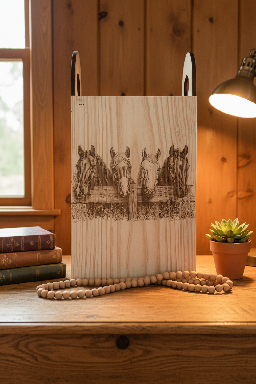 A rectangular wooden sign or plaque with a engraved or burned horse scene across the front, displayed upright on a faux-fur surface with a beaded wood necklace and white tulips against a dark blue wall.