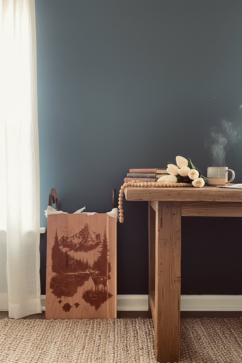 A rectangular wooden wall art piece with a laser-engraved mountain lake cabin landscape, displayed upright against a dark gray wall with decorative tulips and beads at the base.