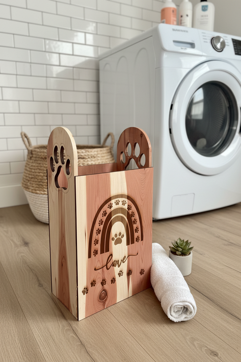 A wooden pet memorial plaque or sign with a natural wood grain finish, featuring a laser-engraved rainbow, paw prints, and the word 'love'. The plaque is styled on a white textured blanket with a wooden bead garland and artificial flowers against a dark gray wall.